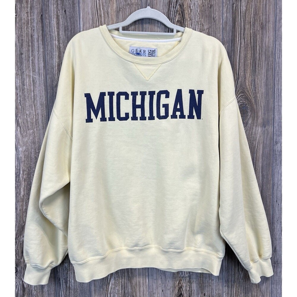 Vtg Gear‎ For Sports Michigan Wolverines Crewneck Men’s L Yellow Spell-Out
